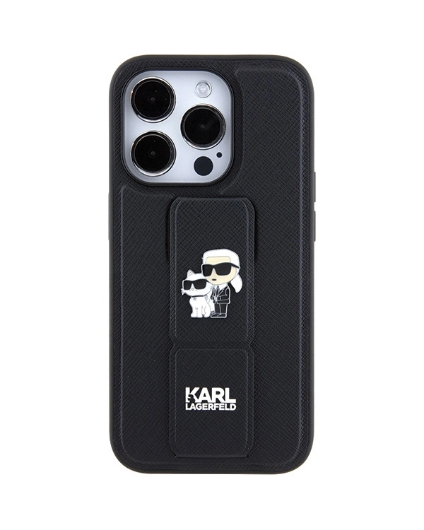 Karl Lagerfeld Gripstand Saffiano Karl&Choupette Pins case for iPhone 15 Pro - black