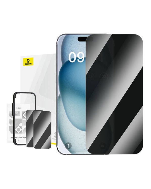 Privacy Tempered Glass Baseus Superior for iPhone 15 + 2x cleaning kit and EasyStick (clear)