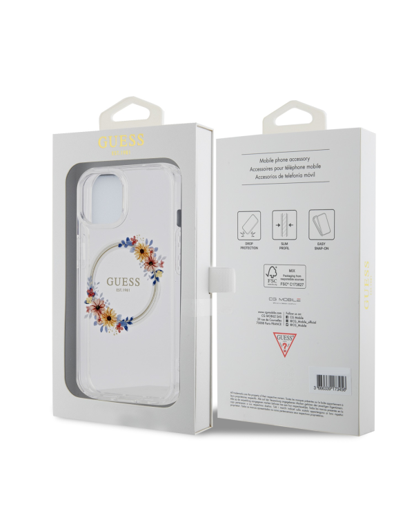 Guess PC|TPU Flowers Ring Glossy Logo MagSafe Чехол для iPhone 13 прозрачный