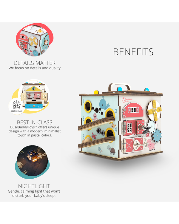 BusyBuddyToys - деревянный кубик для занятий с детьми (3+)