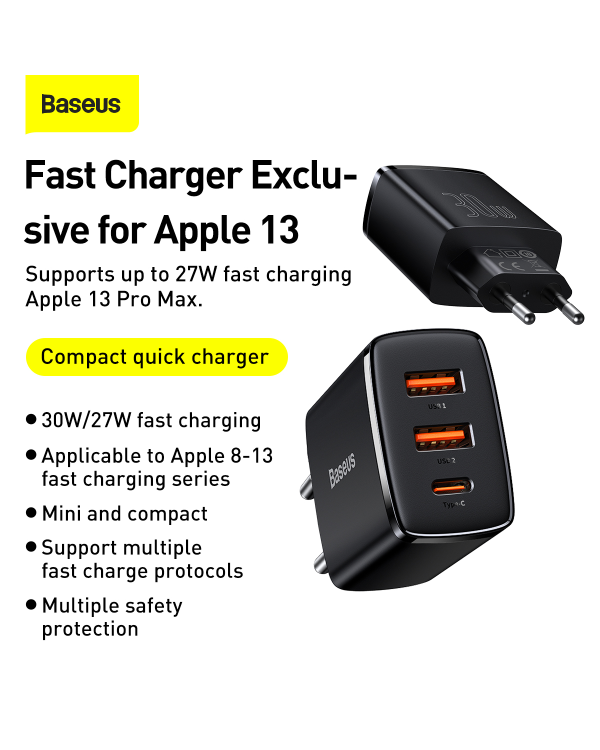 Baseus Сетевое зарядное устройство 2xUSB USB-C PD 3A 30W черная