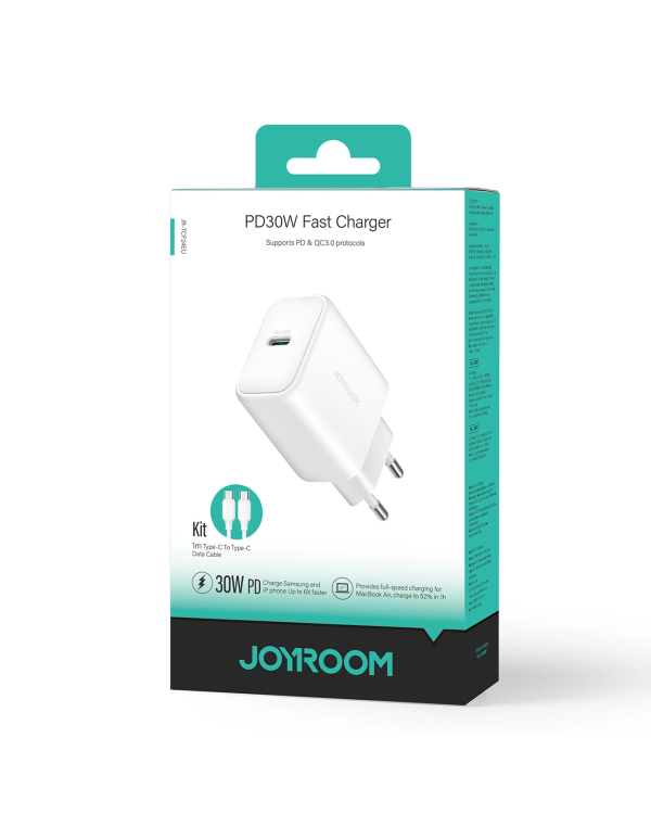 Joyroom JR-TCF24 USB-C PD 30W QC SFC сетевое зарядное устройство - белый + кабель USB-C 1м