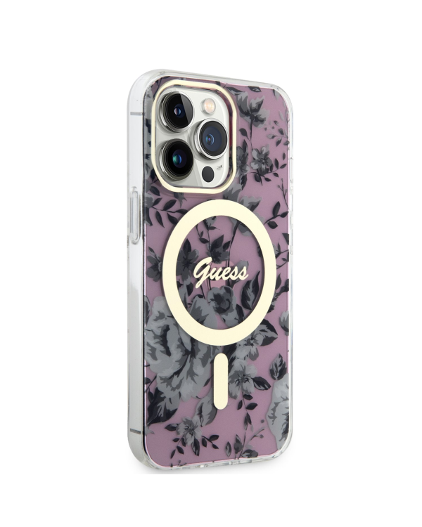 Guess PC|TPU Flowers IML MagSafe Compatible Case for iPhone 13 Pro Pink