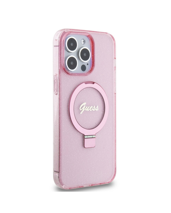 Guess IML Ring Stand Glitter MagSafe Case for iPhone 15 Pro Max Pink