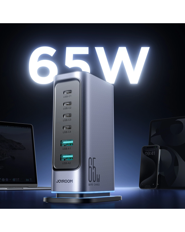 Joyroom JR-TCM02 многопортовое GaN зарядное устройство 65 Вт ЕС | 4x USB-C | 2x USB-A | серый