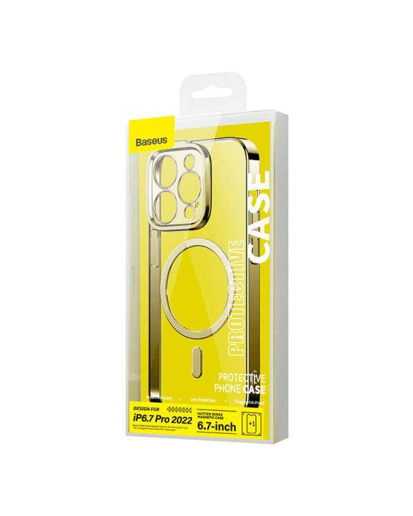Baseus Glitter Magnetic Case for iPhone 14 Pro Max (Gold) + tempered glass + cleaning kit