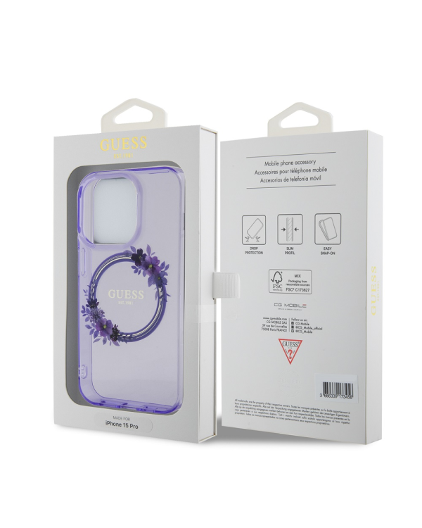 Guess PC|TPU Flowers Ring Glossy Logo MagSafe  Чехол для iPhone 15 Pro Max фиолетовый