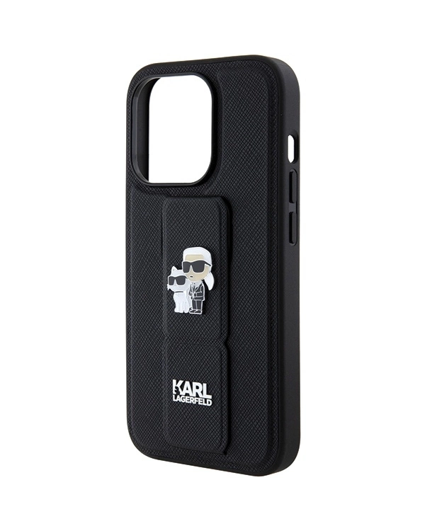 Karl Lagerfeld Gripstand Saffiano Karl&Choupette Pins case for iPhone 15 Pro - black