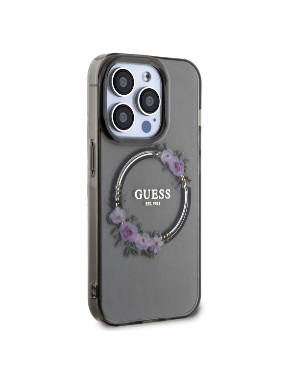 Guess PC|TPU Flowers Ring Glossy Logo MagSafe Case for iPhone 15 Pro Black