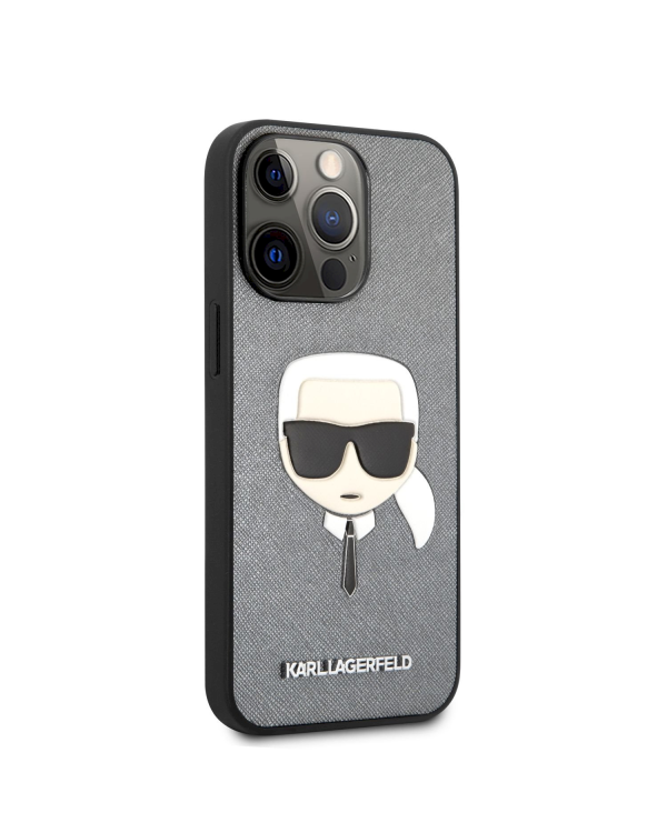 KLHCP13LSAKHSL Karl Lagerfeld PU Saffiano Karl Head Case for iPhone 13 Pro Silver