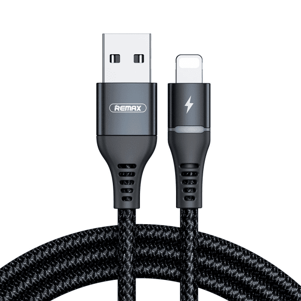 Remax Durable Nylon Braided Wire USB - Lightning cable with LED light 2,4 A 1 m black (RC-152i black)