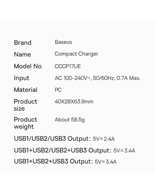 Baseus Compact charger 3x USB 17W black (CCXJ020101)