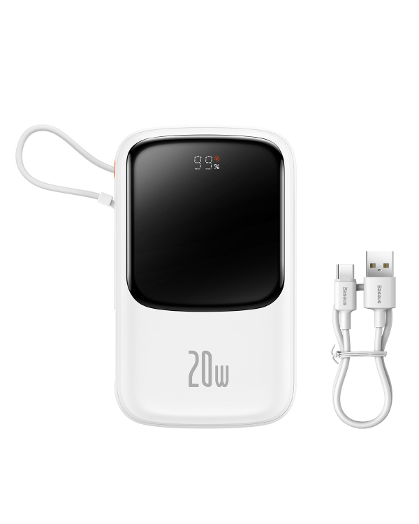 Powerbank Baseus Qpow PRO with cable, USB-C, 2xUSB, 10000mAh, 20W (White)