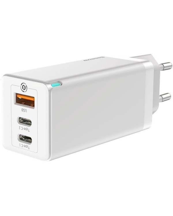 Baseus GaN CCGAN-B02 Сетевое зарядное устройство USB / 2 x USB-C / 65W / 5A / Quick Charge 3.0 Белое