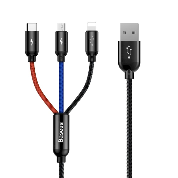 Обложка книги «Baseus Three Primary Colors USB - micro USB / Lightning / USB-C Cable with Nylon Braid 3.5A 1,2M black (CAMLT-BSY01)»