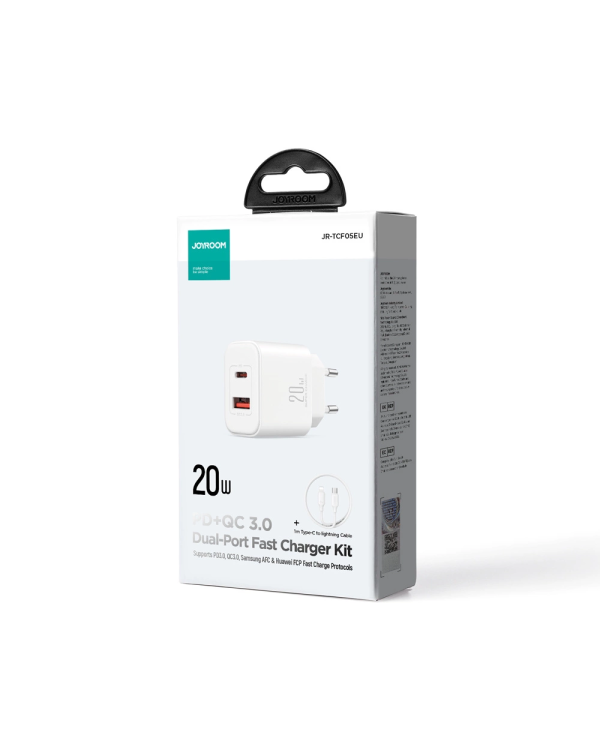 Joyroom JR-TCF05 20W USB-C | USB-A Fast Dual Port Wall Charger - White + USB-C - Lightning 1m
