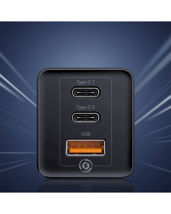 Baseus GaN CCGAN-B01 Сетевое зарядное устройство USB / 2 x USB-C / 65W / 5A / Quick Charge 3.0 Черное