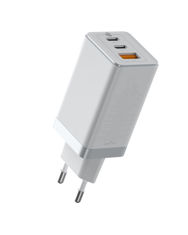 Baseus GaN CCGAN2P-B02 Сетевое зарядное устройство USB / 2 x USB-C / 65W / 5A / Quick Charge 3.0 Белое