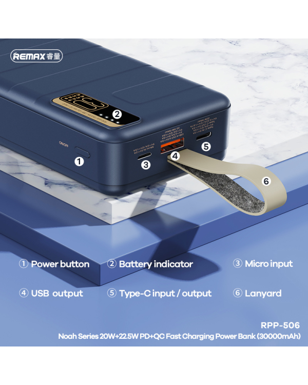 REMAX Power Bank 30000mAh RPP-506 Noah - USB + Type C - PD 20W QC 22,5W белый