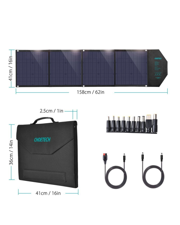 Choetech large foldable solar charger 80W solar photovoltaic USB Type C (Power Delivery) / 2x USB (Quick Charge / 2,4A) (158 x 41 cm) black (SC007)