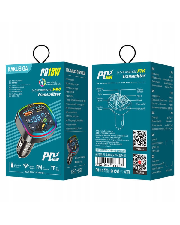 KAKUSIGA KSC-851 автомобильный FM-трансмиттер QC 3.0 | 18 Вт | USB Flash | Bluetooth 5.0 черный
