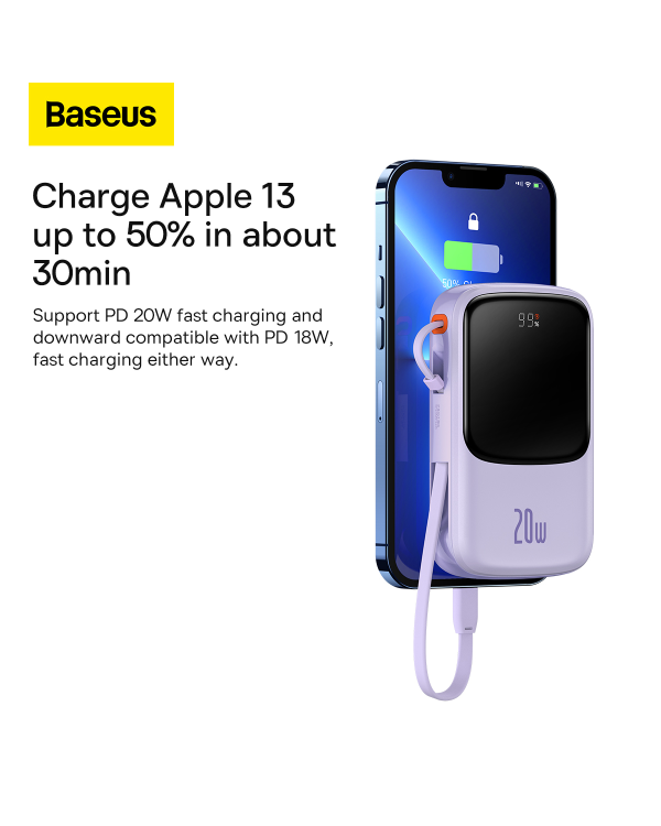 Baseus Qpow power bank 10000mAh built-in Lightning 20W Quick Charge cable SCP AFC FCP purple (PPQD020005)