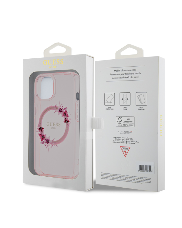 Guess PC|TPU Flowers Ring Glossy Logo MagSafe Чехол для iPhone 15 розовый