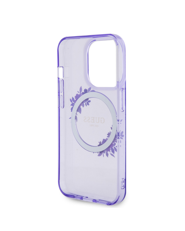 Guess PC|TPU Flowers Ring Glossy Logo MagSafe Чехол для iPhone 15 Pro фиолетовый