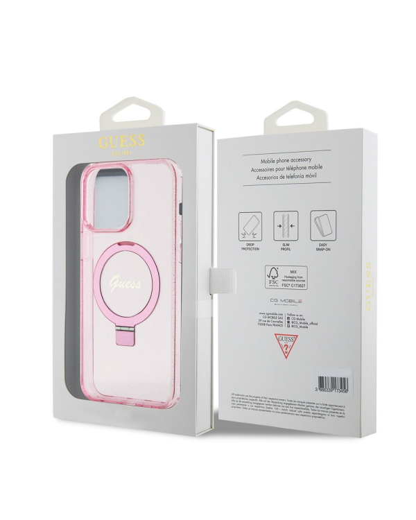 Guess IML Ring Stand Glitter MagSafe Case for iPhone 15 Pro Max Pink