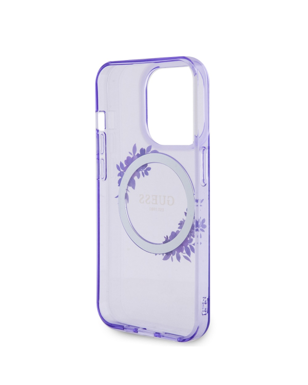 Guess PC|TPU Flowers Ring Glossy Logo MagSafe  Чехол для iPhone 15 Pro Max фиолетовый