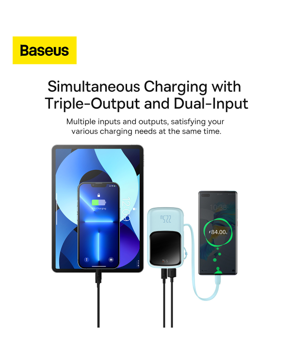 Baseus Qpow power bank 10000mAh built-in USB Type-C cable 22.5W Quick Charge SCP AFC FCP blue (PPQD020103)