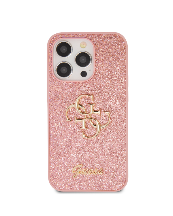 Guess PU Fixed Glitter 4G Metal Logo Case for iPhone 15 Pro Pink