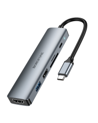 Borofone Adapter DH15 Buddy 6 in 1 - Type C to HDMI + Type C + USB 3.0 + USB 3.0 + SD + microSD - PD 100W grey