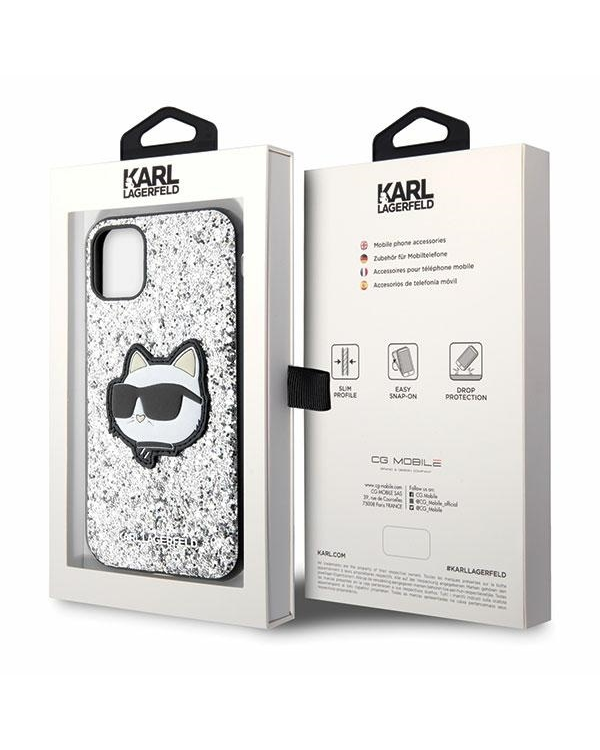 Оригинальный чехол KARL LAGERFELD Glitter Choupette Patch KLHCN61G2CPS для Iphone 11| Xr серебристый