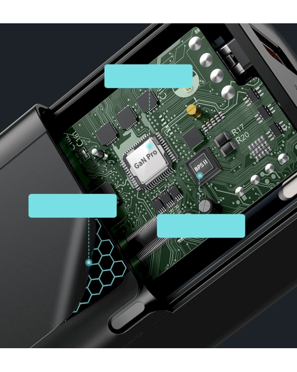 Baseus GaN CCGAN2P-B01 Сетевое зарядное устройство USB / 2 x USB-C / 65W / 5A / Quick Charge 3.0 Черное