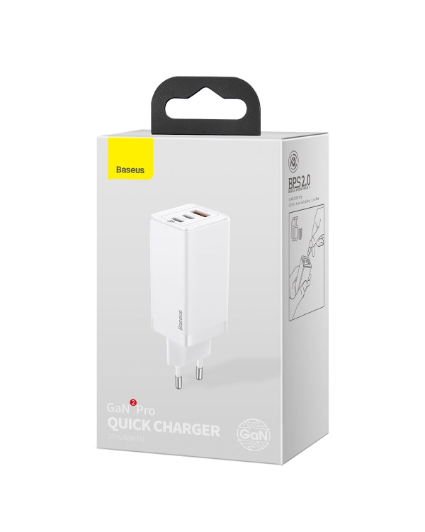 Baseus GaN CCGAN2P-B02 Сетевое зарядное устройство USB / 2 x USB-C / 65W / 5A / Quick Charge 3.0 Белое