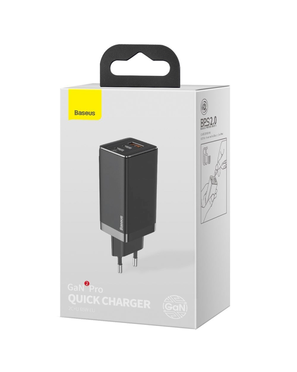 Baseus GaN CCGAN2P-B01 Сетевое зарядное устройство USB / 2 x USB-C / 65W / 5A / Quick Charge 3.0 Черное