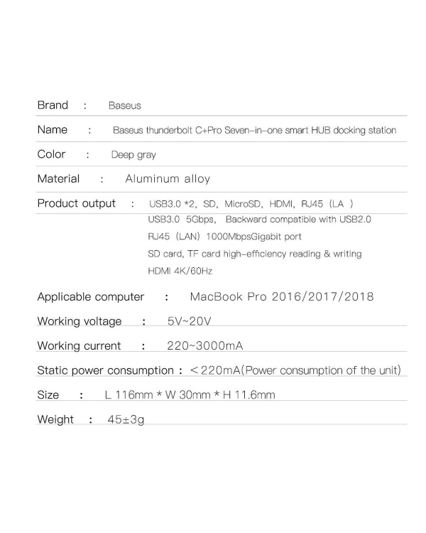 Baseus CAHUB-L0G 7 in 1 Приставка для MacBook | HDMI | 2 x USB 3.0 | USB-C | RJ45 | SD | Micro SD Thunderbolt C+