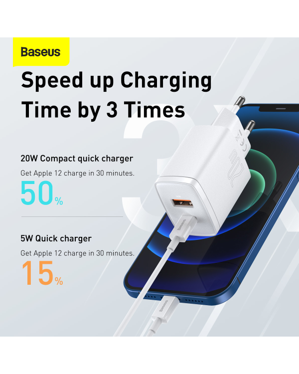 Baseus Compact quick charger USB Type C | USB 20 W 3 A Power Delivery Quick Charge 3.0 white (CCXJ-B02)