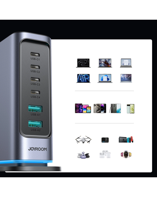 Joyroom JR-TCM02 многопортовое GaN зарядное устройство 65 Вт ЕС | 4x USB-C | 2x USB-A | серый