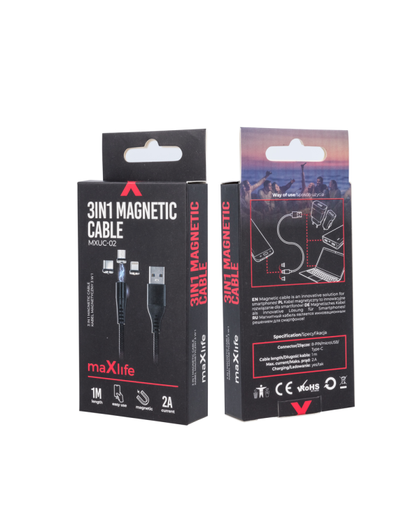 Дополнительное изображение книги «Maxlife MXUC-02 magnetic cable USB - Lightning + USB-C + microUSB 1,0 m 2A black nylon»
