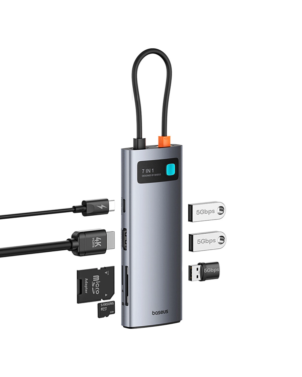 Baseus Metal Gleam 7in1 HDMI 4K 60Hz USB-C Hub | 3x USB 3.0 | USB-C PD | SD | microSD - Gray