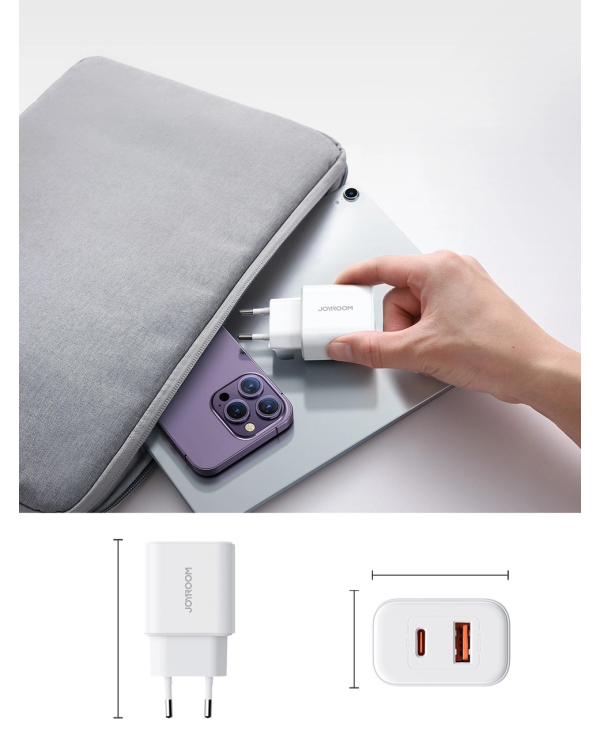 Joyroom JR-TCF05 20W USB-C | USB-A Fast Dual Port Wall Charger - White + USB-C - Lightning 1m