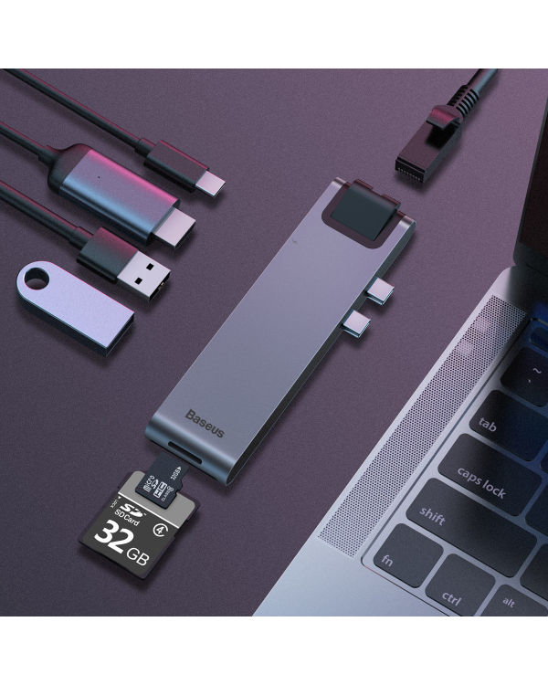 Baseus CAHUB-L0G 7 in 1 Приставка для MacBook | HDMI | 2 x USB 3.0 | USB-C | RJ45 | SD | Micro SD Thunderbolt C+