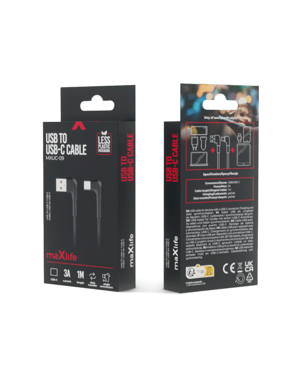 Maxlife MXUC-09 angle cable USB - USB-C 1,0 m 3A black