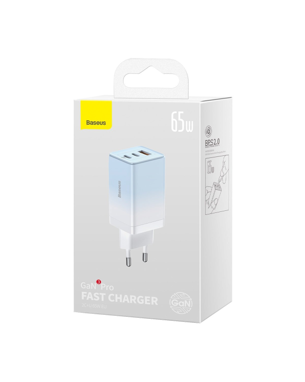 Baseus CCGP050103 DZ-HW Baseus GaN3 Pro Fast Charger 2C+U 65W EU Cloud Blue (With Dynamic Series Fast Charging Data Cable Type-C to Type-C 100W 1m Blue)
