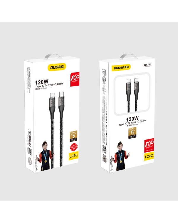 Fast charging cable 120W 1m USB-C - USB-C Dudao L22C - gray