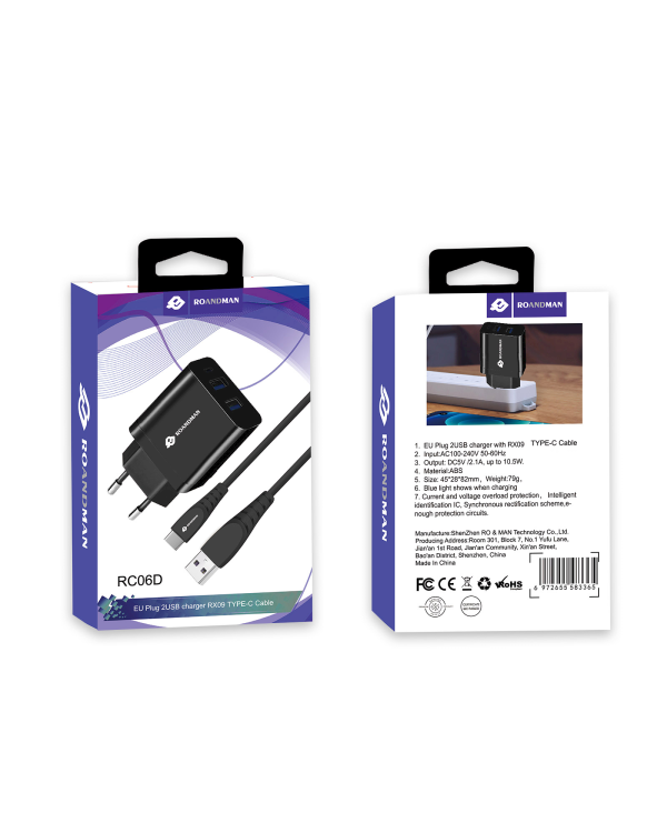 RO&MAN универсальное зарядное устройство USB / 5V / 2.4A + USB-C провод 1М черная