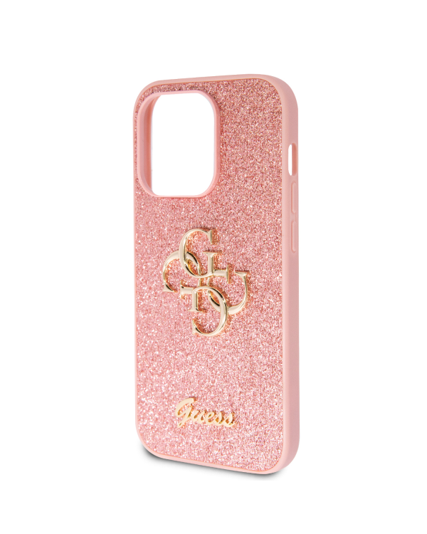 Guess PU Fixed Glitter 4G Metal Logo Case for iPhone 15 Pro Pink