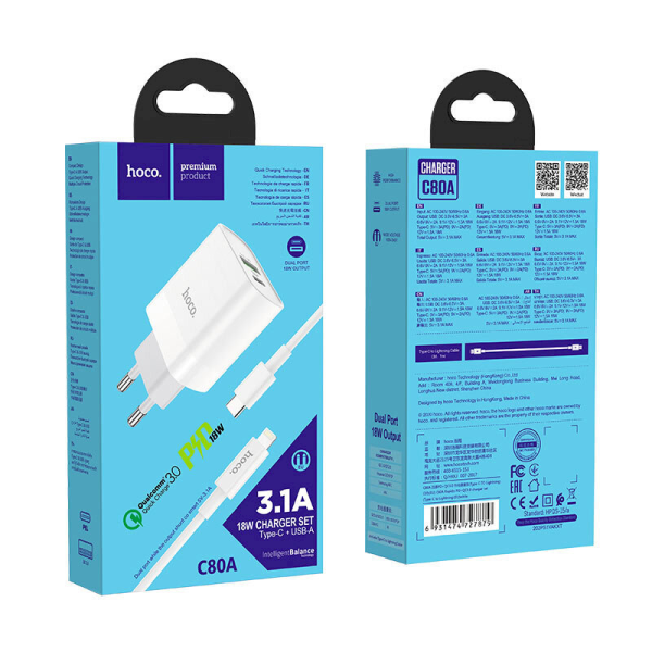 Hoco C80A Универсальное Зарядное Устройство USB-C / USB / 12V / 3.0A / 18W / QC 3.0 / PD + Lightning Провод 1М Белое